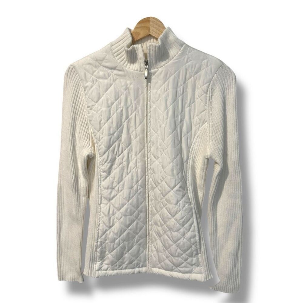 Croft & Barrow Women's Quilted Knit Full Zip Jacket Off-White Size Medium